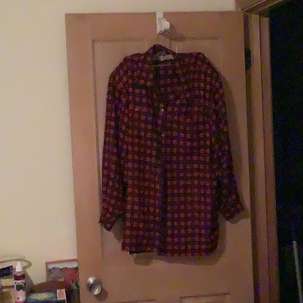 Red plaid shirt with button down front and cuffs.  Purchased 1990’s from Nordis